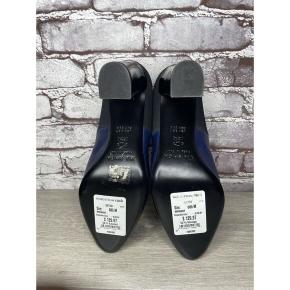 Via Spiga Midnight Navy Blue Leather Black Fabric Heels Women Sz 8.5B US/38.5EU - Picture 10 of 16